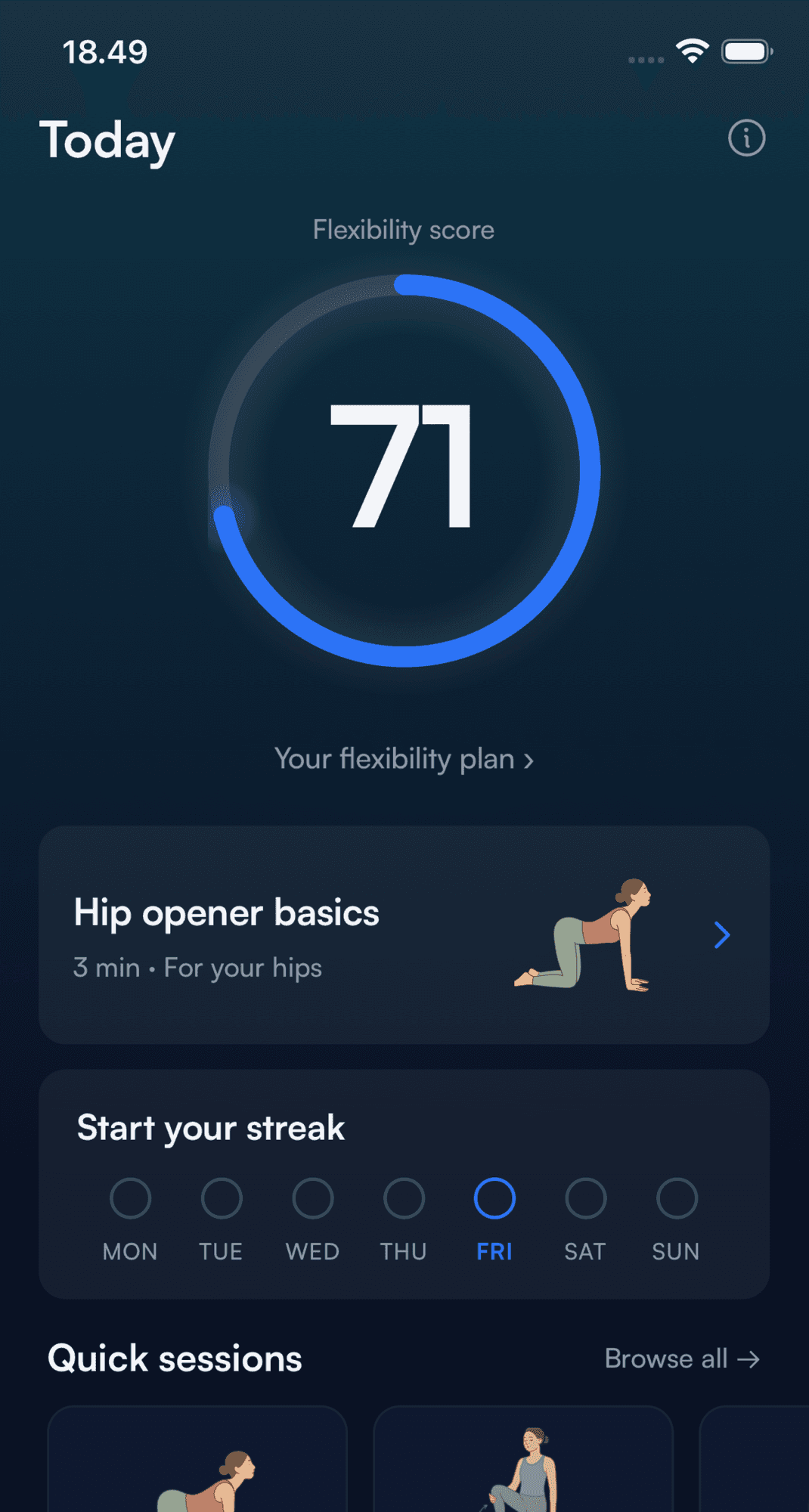 The Loosen Today screen — flexibility score and today’s pick